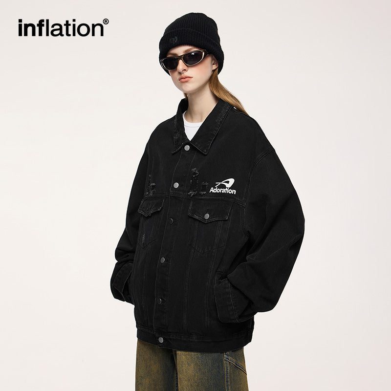 INFLATION Black Printed Ripped Denim Jacket