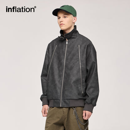 INFLATION Stand Collar PU Leather Jacket