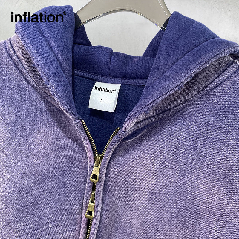 INFLATION Washed Distressed Fleece Zip Up Hoodies