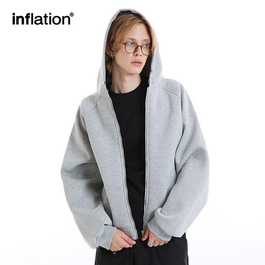 INFLATION Grey Boxy Zip Up Hoodies