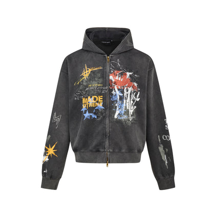 INFLATION Washed Graffiti Boxy Zip Up Hoodies