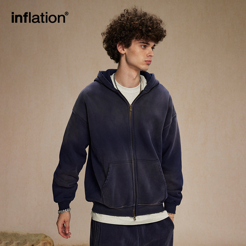 INFLATION Washed Distressed Fleece Zip Up Hoodies