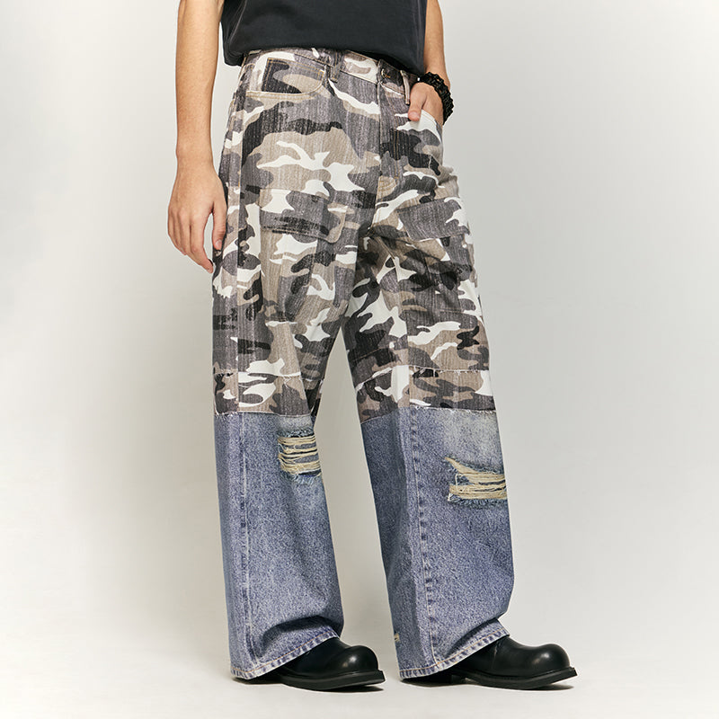 INFALTION Patchwork Effect Print Baggy Jeans