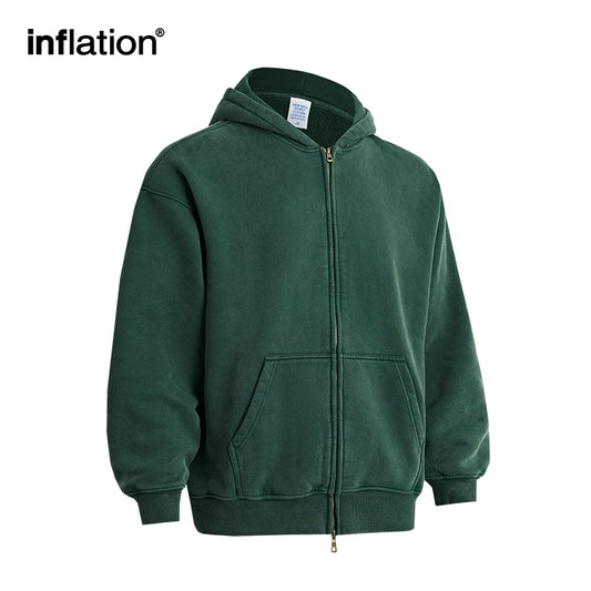 INFLATION Washed Distressed Green Zip-Up Hoodie