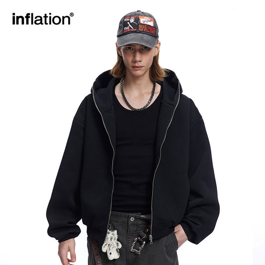 INFLATION Black Boxy Full Zip Up Hoodies