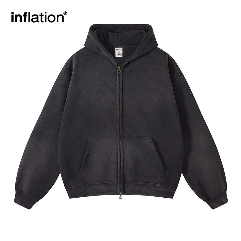 INFLATION Washed Distressed Fleece Zip Up Hoodies