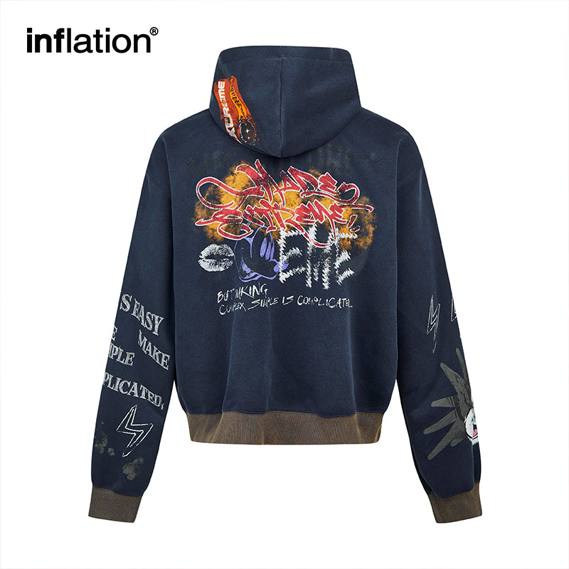 INFLATION Washed Graffiti Boxy Zip Up Hoodies