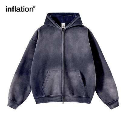 INFLATION Washed Distressed Fleece Zip Up Hoodies