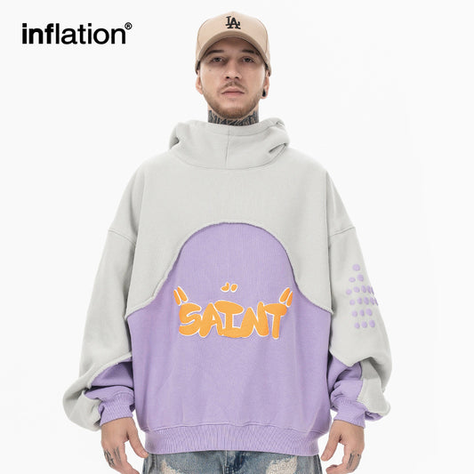 INFLATION Boxy Patchwork Fleece Puff Print Hoodies