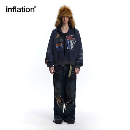 INFLATION Washed Graffiti Boxy Zip Up Hoodies