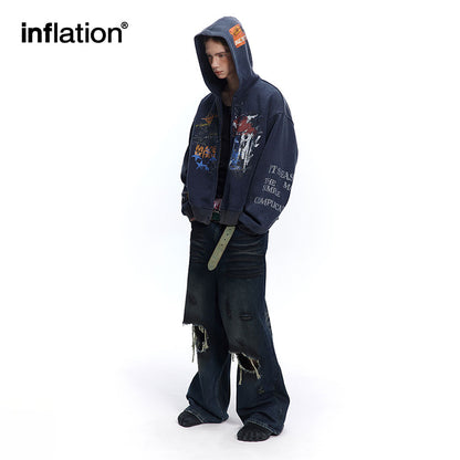 INFLATION Washed Graffiti Boxy Zip Up Hoodies