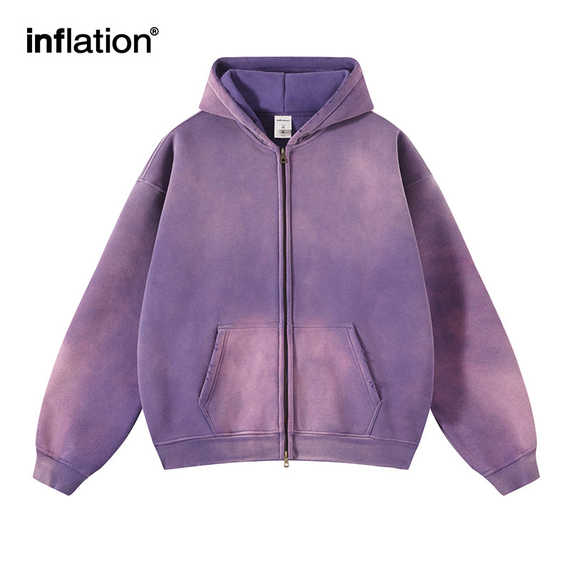 INFLATION Washed Distressed Fleece Zip Up Hoodies