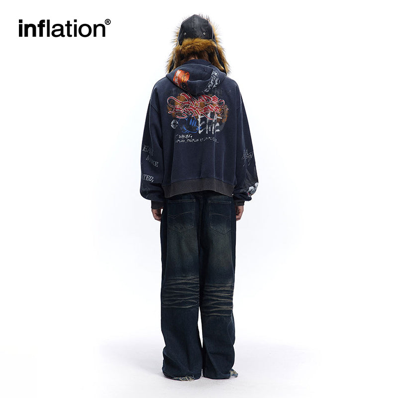 INFLATION Washed Graffiti Boxy Zip Up Hoodies