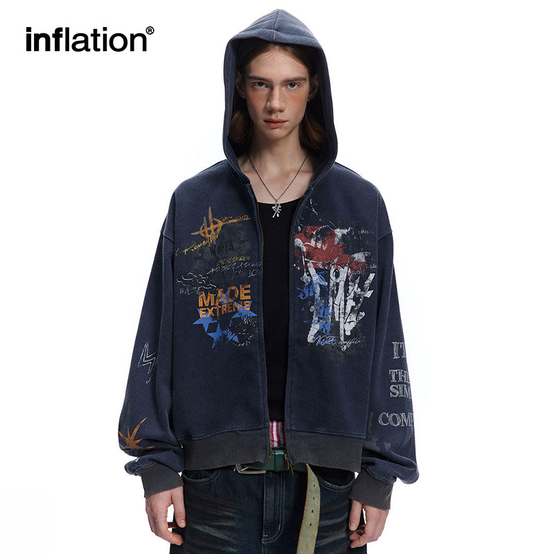 INFLATION Washed Graffiti Boxy Zip Up Hoodies