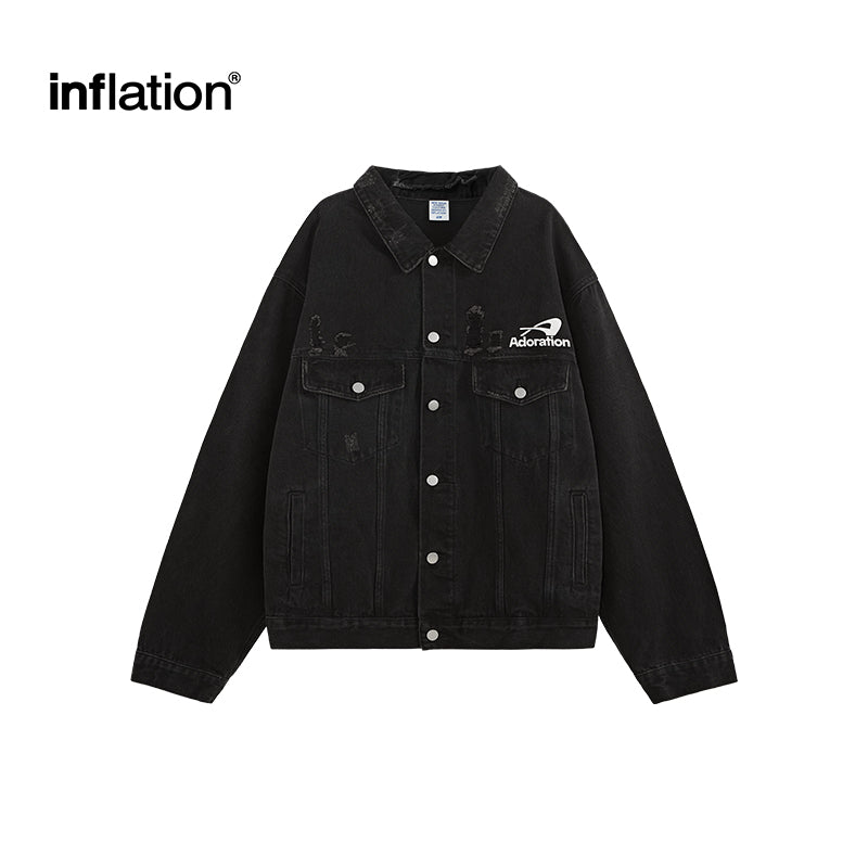 INFLATION Black Printed Ripped Denim Jacket