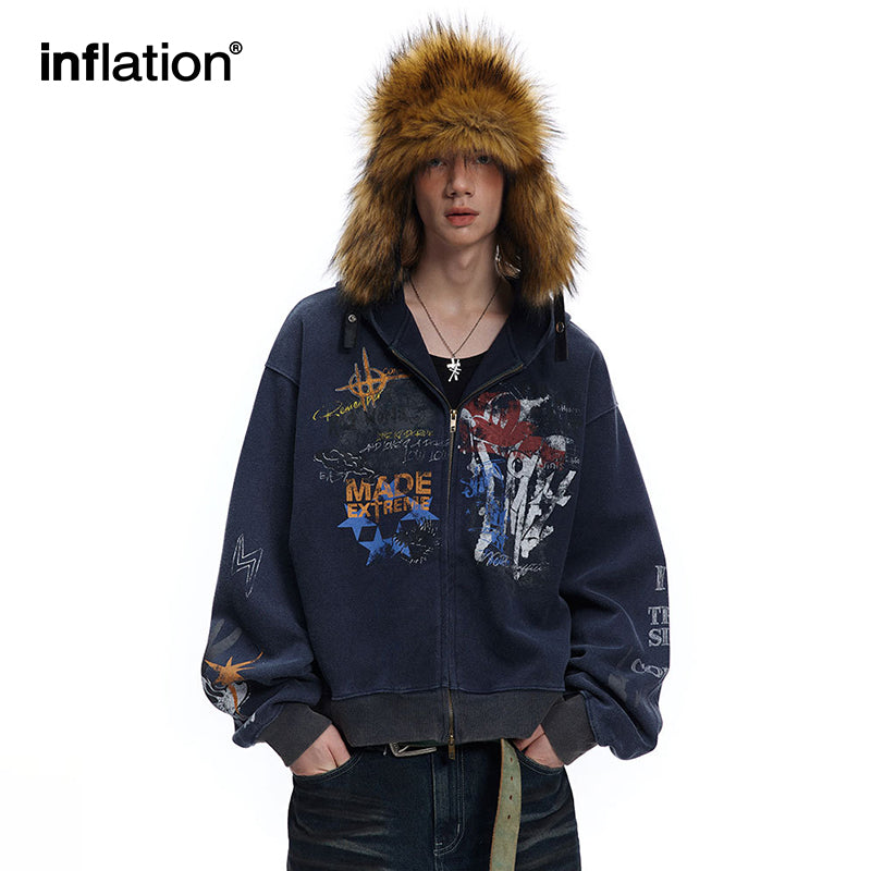 INFLATION Washed Graffiti Boxy Zip Up Hoodies