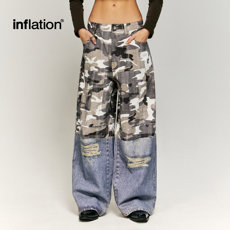 INFALTION Patchwork Effect Print Baggy Jeans