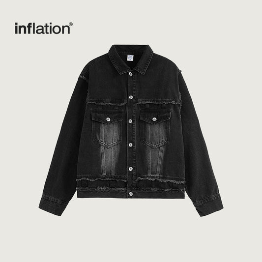 INFLATION Black Distressed Frayed Denim Jacket