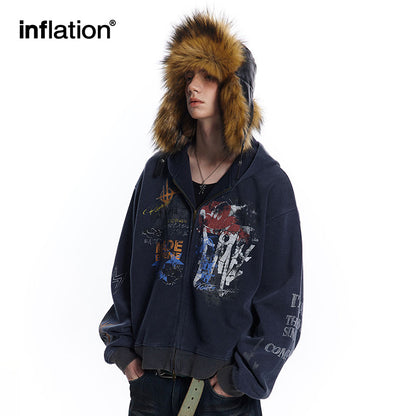 INFLATION Washed Graffiti Boxy Zip Up Hoodies