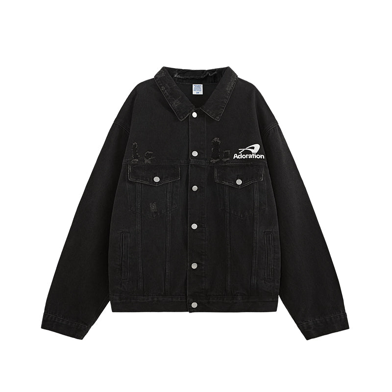 INFLATION Black Printed Ripped Denim Jacket